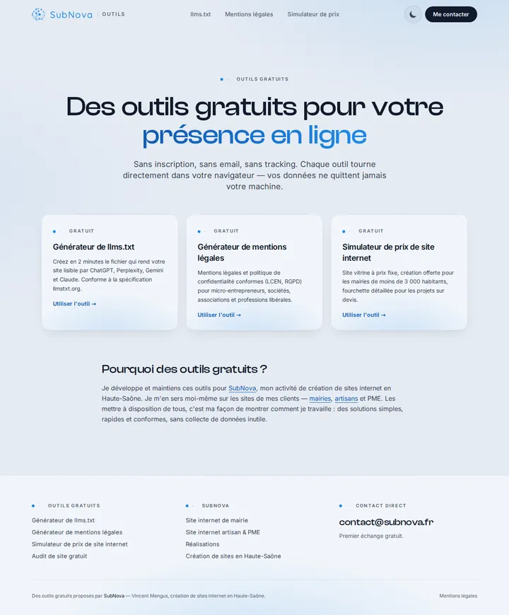 Outils SubNova — générateurs de llms.txt et de mentions légales, simulateur de prix