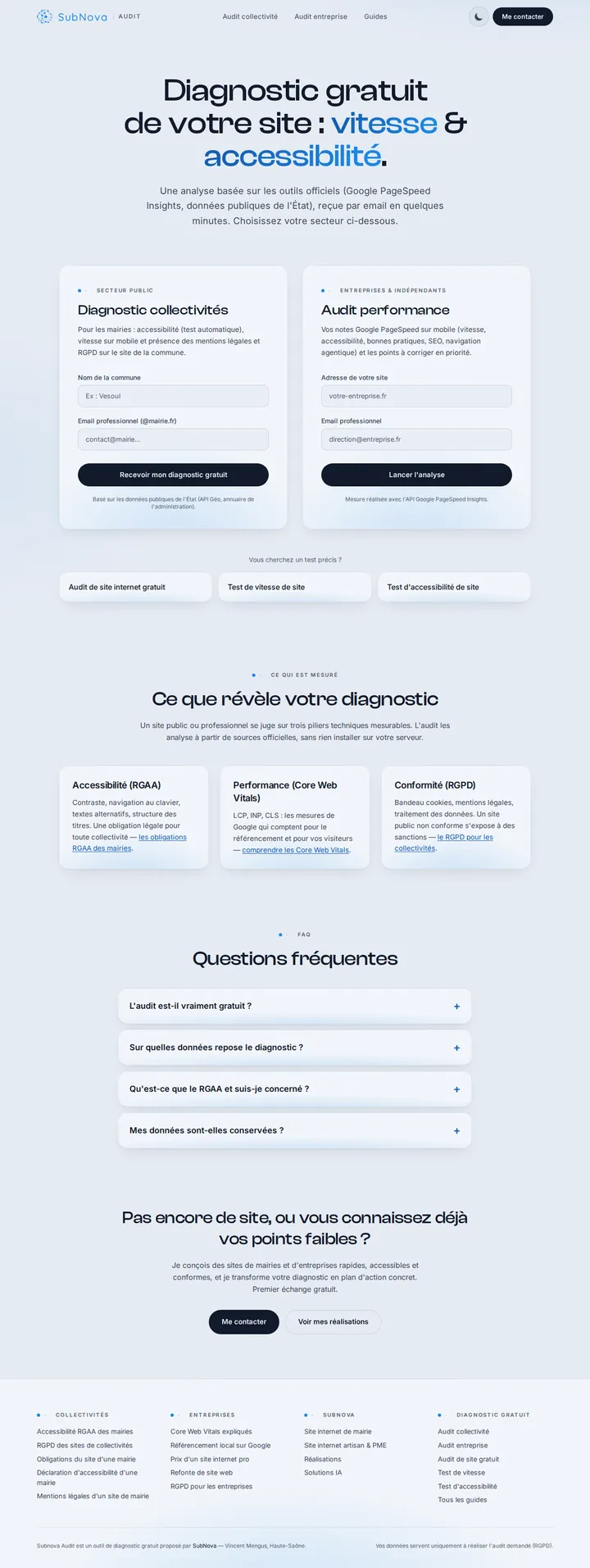 Subnova Audit — diagnostic gratuit de site internet pour mairies et entreprises