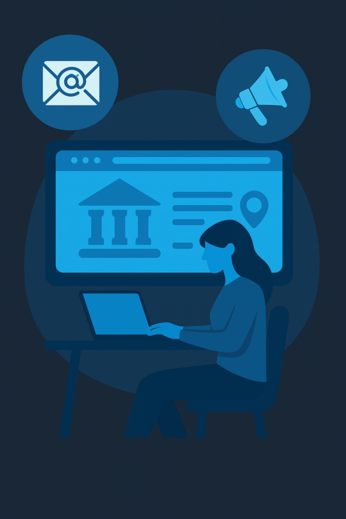 Illustration d'une femme consultant le site internet d'une mairie sur ordinateur portable, avec des icônes symbolisant la communication et les services municipaux numériques, sur fond bleu futuriste.